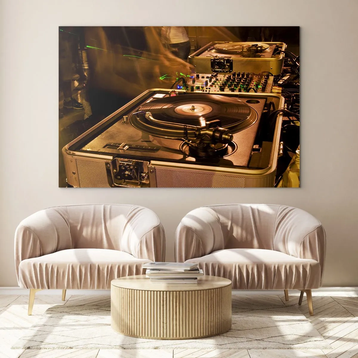 Impression sur verre - Image sur verre - Une platine sur fond de fête avec des effets de lumière dynamiques - 120x80cm - Sentez-vous cette force? - Décoration murale moderne pour le salon et la chambre ARTTOR
