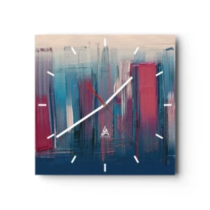 Horloge murale - Pendule murale - Formes verticales abstraites dans des tons de bleu et de rouge - 30x30cm - Composition verticale en bleu et rouge - Décoration murale moderne pour le salon et la chambre ARTTOR