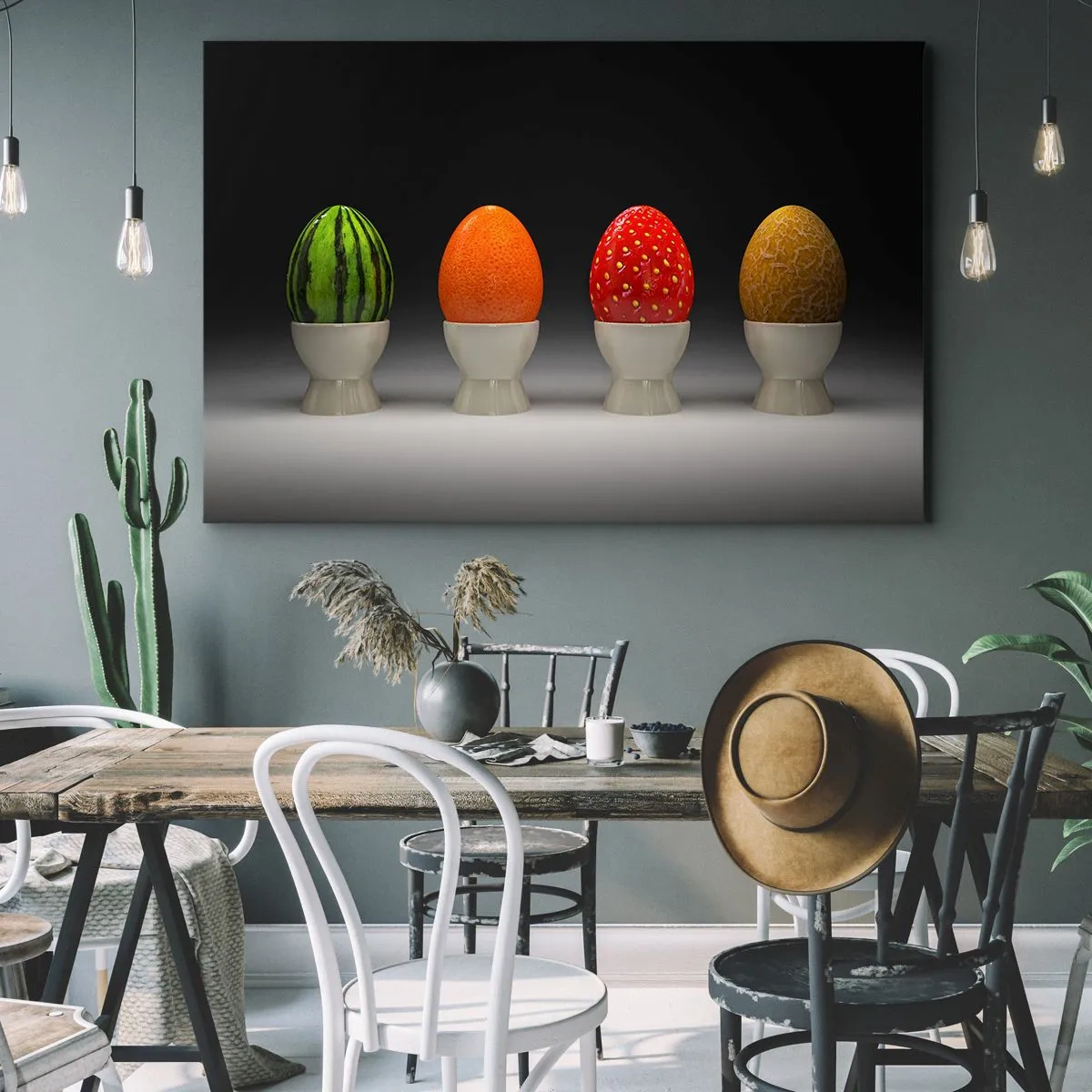 Impression sur toile - Image sur toile - Œufs colorés ressemblant à des fruits sur un fond sombre - 100x70cm - Petit-déjeuner fruité - Décoration murale moderne pour le salon et la chambre ARTTOR