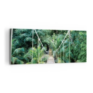 Impression sur toile - Image sur toile - Un pont suspendu dans une jungle tropicale pleine de verdure - 120x50cm - Welcome to the jungle! - Décoration murale moderne pour le salon et la chambre ARTTOR
