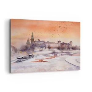 Impression sur toile - Image sur toile - Coucher de soleil sur le château dans un paysage hivernal - 120x80cm - Coucher de soleil royal - Décoration murale moderne pour le salon et la chambre ARTTOR