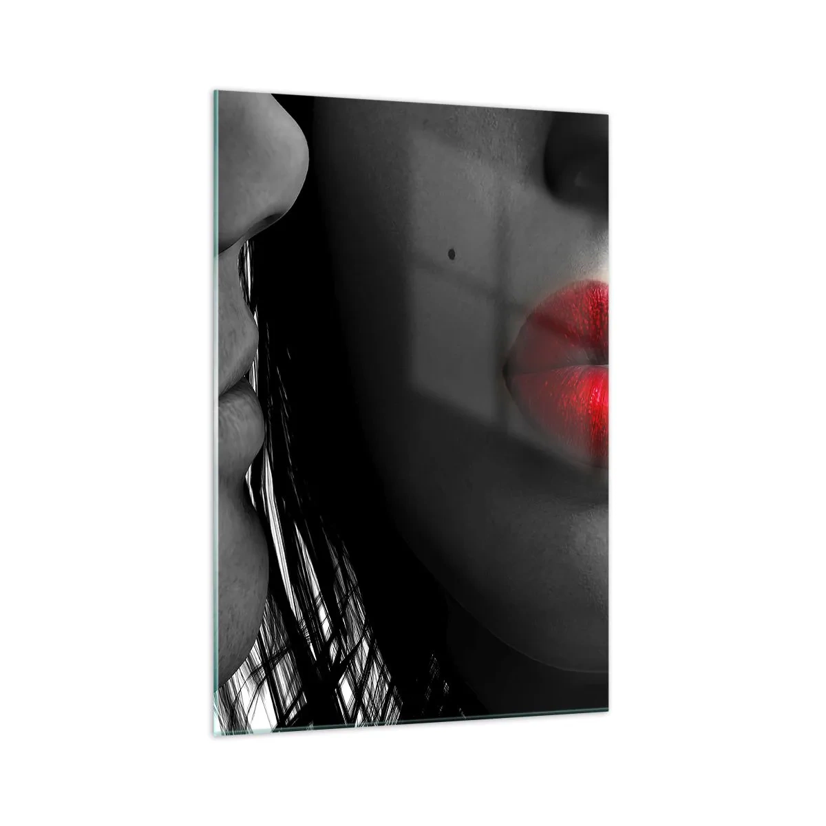Impression sur verre - Image sur verre - Gros plan des visages d'une femme et d'un homme aux lèvres rouges. - 70x100cm - Face à face - Décoration murale moderne pour le salon et la chambre ARTTOR