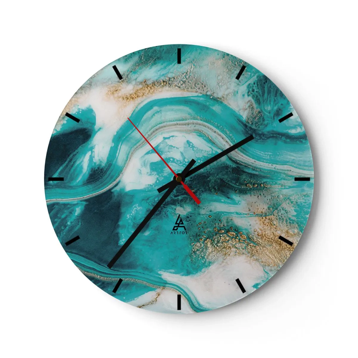 Horloge murale - Pendule murale - Des stries abstraites de turquoise et d'or ressemblant à une coupe transversale d'un minéral - 30x30cm - Rivière d'or - Décoration murale moderne pour le salon, la cuisine et la chambre ARTTOR