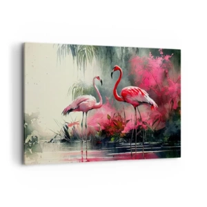 Impression sur toile - Image sur toile - Flamants roses au bord de l'eau entourés de végétation - 100x70cm - Une leçon de grâce naturelle - Décoration murale moderne pour le salon et la chambre ARTTOR