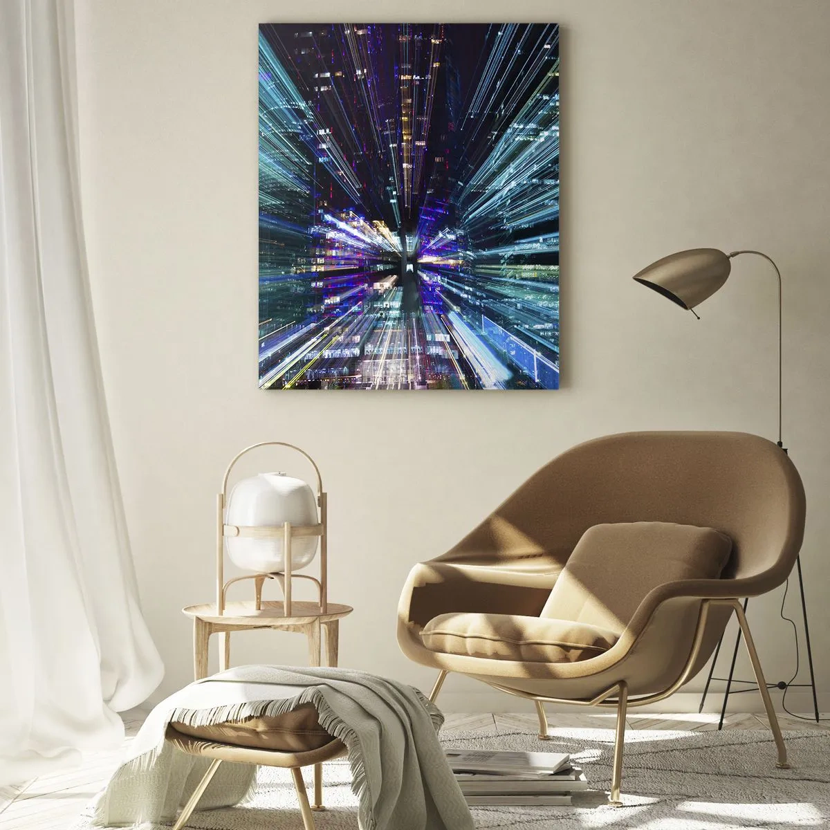 Impression sur verre - Image sur verre - Lignes lumineuses dynamiques sur fond de ville nocturne - 50x70cm - Transition vers l'hyperespace - Décoration murale moderne pour le salon et la chambre ARTTOR