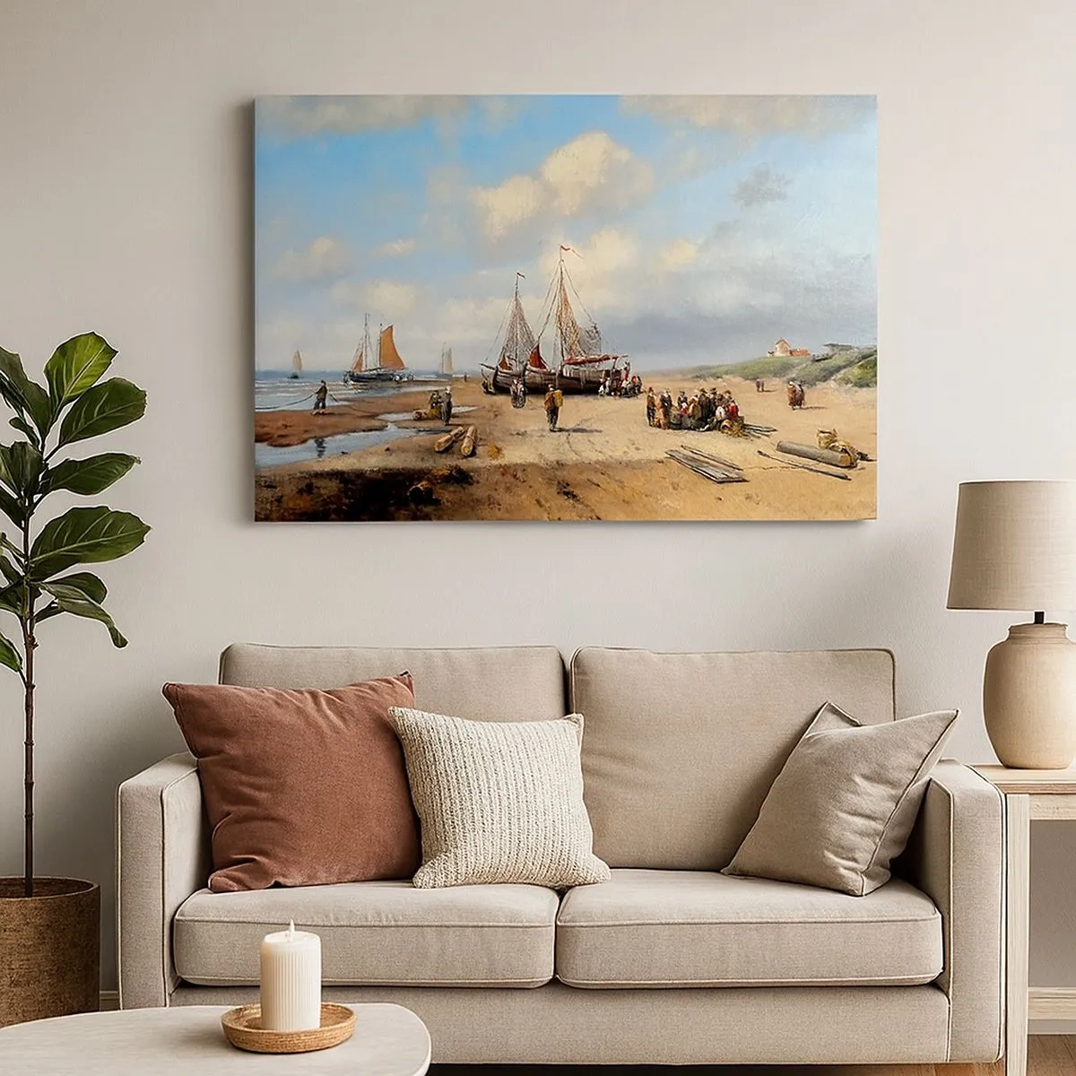 Impression sur toile - Image sur toile - Bateaux de pêche sur la plage avec des figures humaines - 70x50cm - Après une capture réussie - Décoration murale moderne pour le salon et la chambre ARTTOR