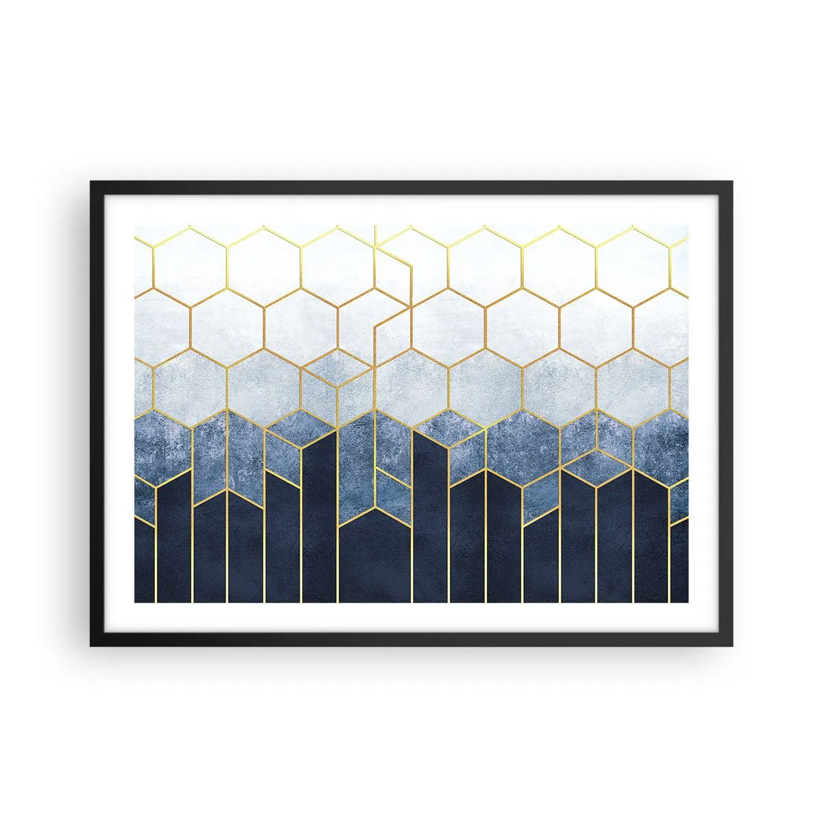 Affiche dans un cadre noir - Poster - Motif géométrique dans les tons or et bleu marine - 70x50cm - Composition en rythme syncopé - Décoration murale moderne pour le salon et la chambre ARTTOR