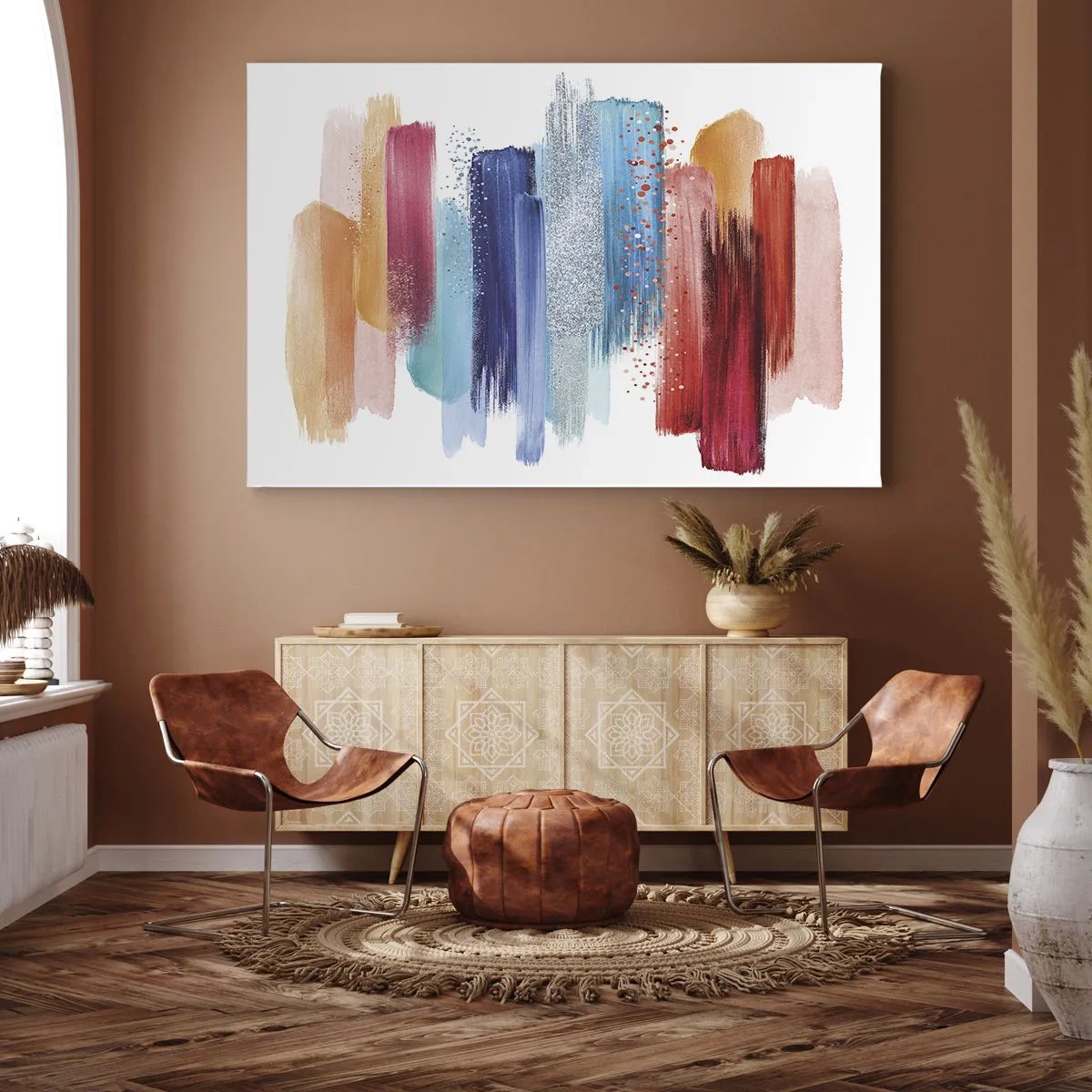 Impression sur toile - Image sur toile - Coups de pinceau colorés sur fond blanc - 100x70cm - En haut et en bas - Décoration murale moderne pour le salon et la chambre ARTTOR