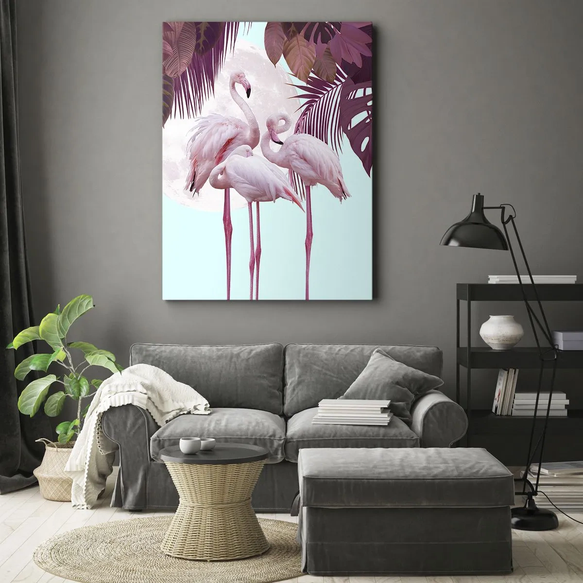 Impression sur toile - Image sur toile - Flamants roses sur fond de lune et de feuilles tropicales - 50x70cm - Trois oiseaux gracieux - Décoration murale moderne pour le salon et la chambre ARTTOR