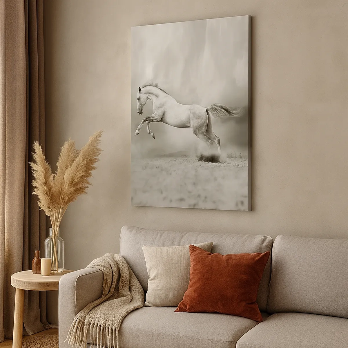 Impression sur toile - Image sur toile - Un cheval blanc dans un saut dynamique sur fond de nuages brumeux. - 50x70cm - Entre le réveil et le sommeil - Décoration murale moderne pour le salon et la chambre ARTTOR