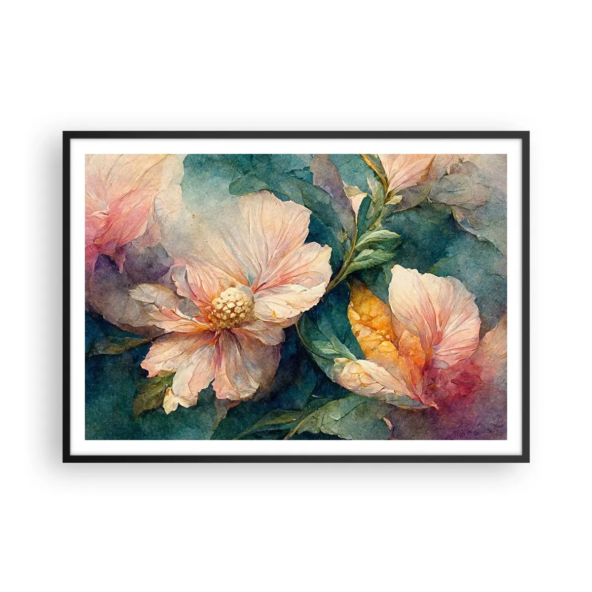 Affiche dans un cadre noir - Poster - Fleurs délicates aux couleurs pastel - 100x70cm - Uniquement de la subtilité - Décoration murale moderne pour le salon et la chambre ARTTOR