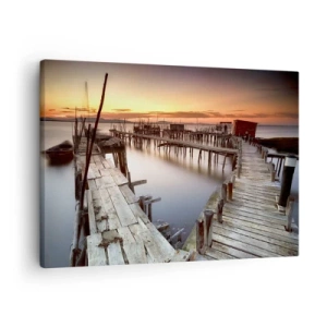Impression sur toile - Image sur toile - Jetées en bois sur une eau calme au coucher du soleil - 70x50cm - Authentique, pas un attrape touristique - Décoration murale moderne pour le salon et la chambre ARTTOR