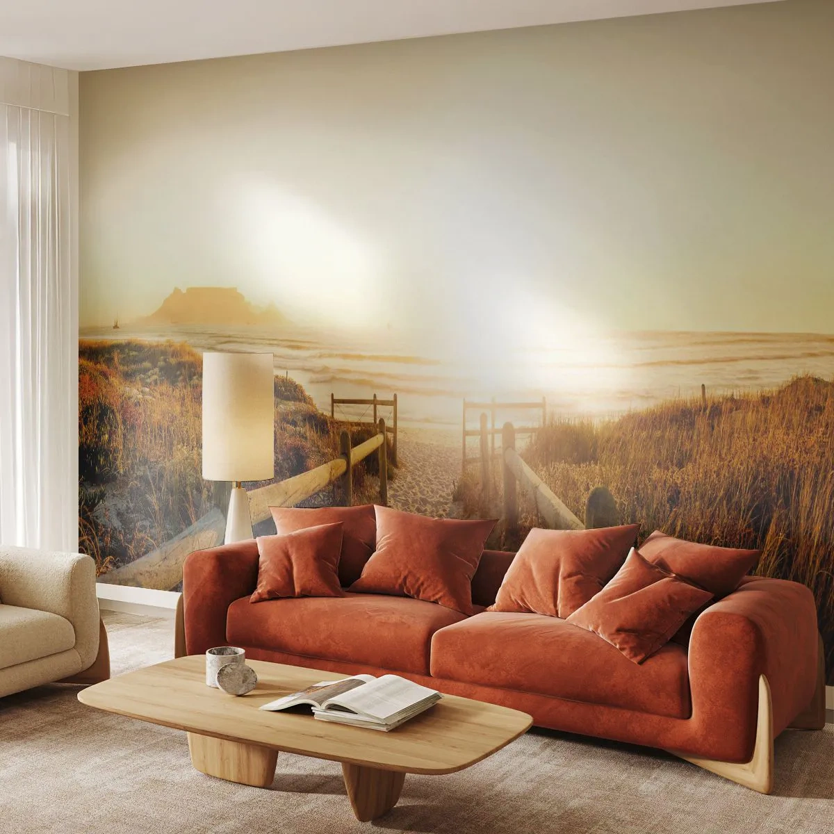 Papier Peint Autocollant Deluxe Sticker - A travers la dune, vers le soleil - Paysage, Plage, Coucher de soleil - 250x175 cm