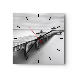 Horloge murale - Pendule murale - Une vue en noir et blanc d'une jetée en bois sur une eau calme. - 30x30cm - À l'horizon - Décoration murale moderne pour le salon et la chambre ARTTOR