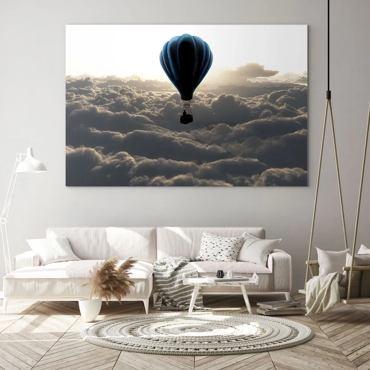 Impression sur verre - Image sur verre - Un ballon flottant au-dessus des nuages au lever du soleil - 100x70cm - Un vagabond au dessus des nuages - Décoration murale moderne pour le salon et la chambre ARTTOR