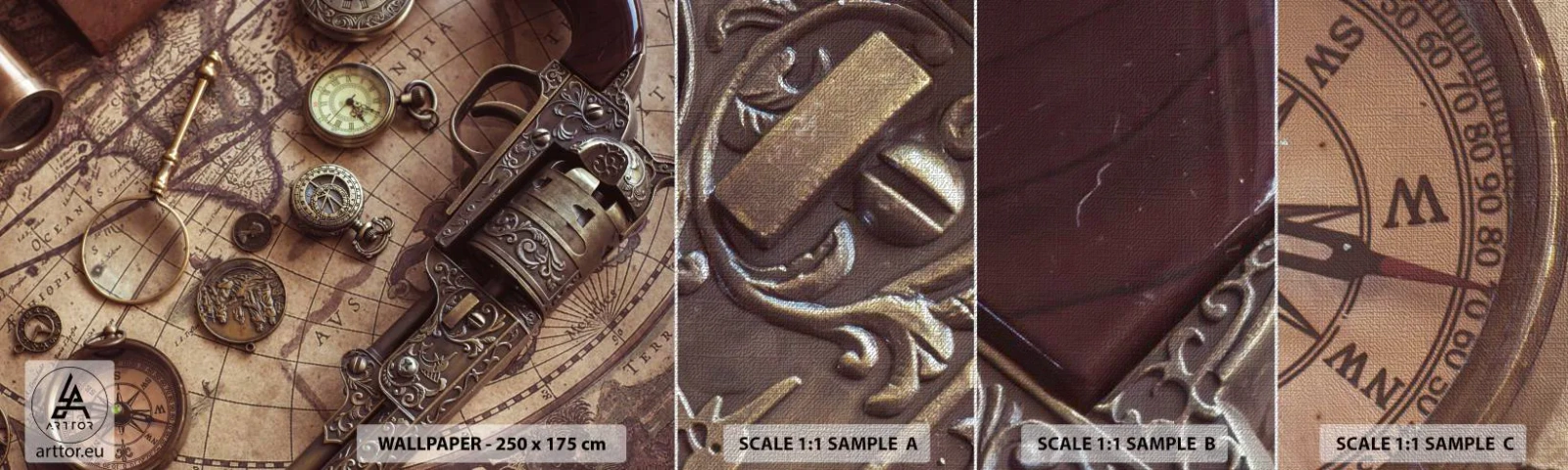 Échantillon de Papier Peint Premium Canvas - L'aventure appelle - Carte du monde, Boussole, Revolver - 100x30 cm