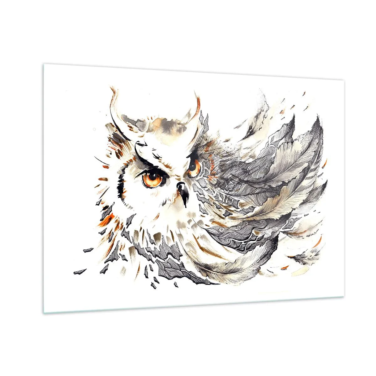 Impression sur verre - Image sur verre - Un hibou aux plumes artistiques dans les tons orange et gris. - 100x70cm - Elle vient du monde de la magie - Décoration murale moderne pour le salon et la chambre ARTTOR