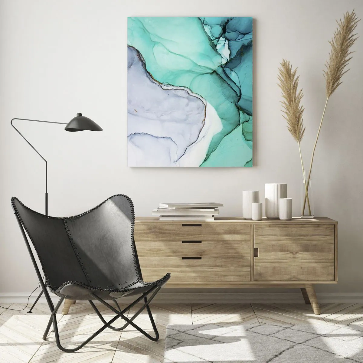 Impression sur verre - Image sur verre - Une peinture abstraite aux tons turquoise et blanc, avec des craquelures délicates. - 50x70cm - Étude de turquoise - Décoration murale moderne pour le salon et la chambre ARTTOR