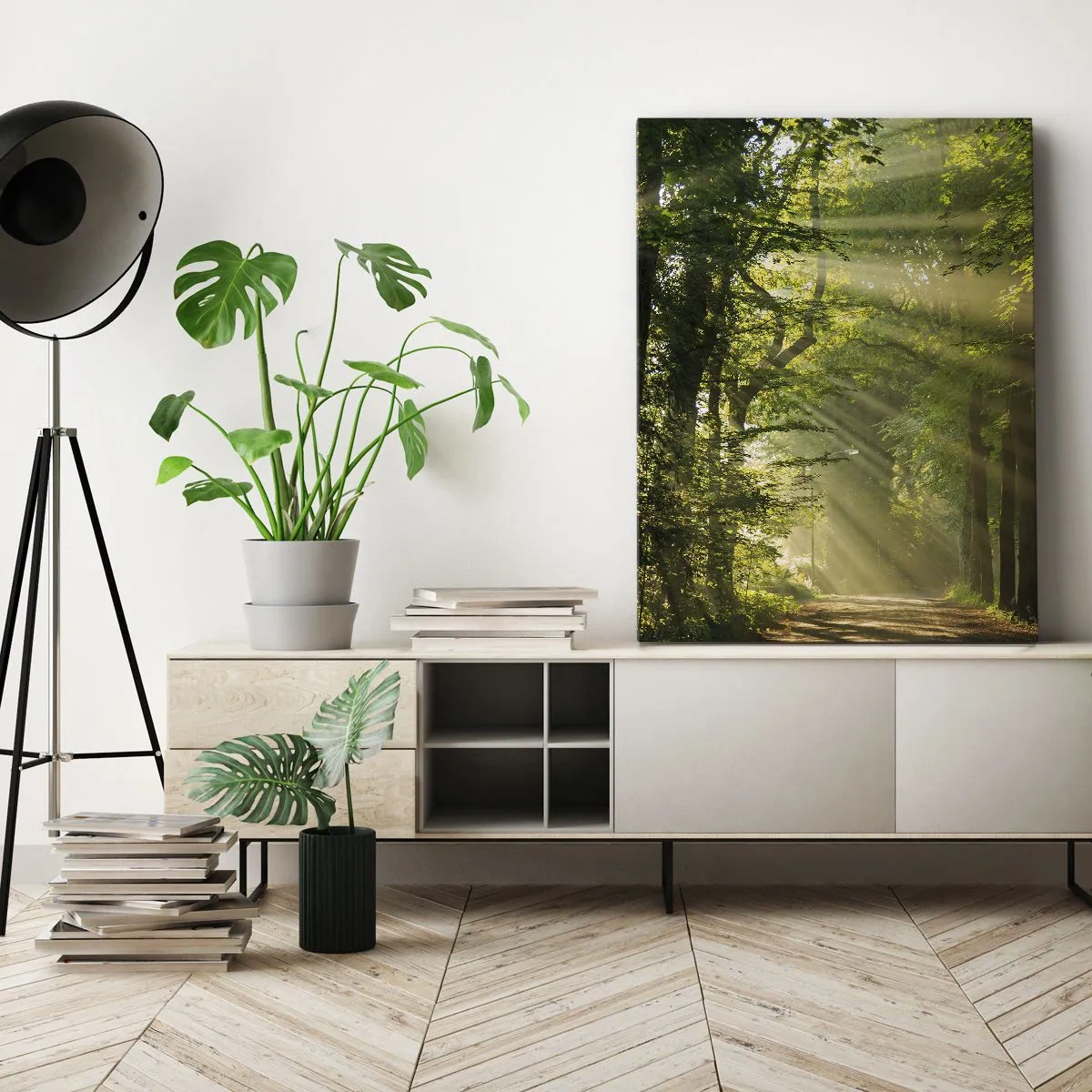 Impression sur toile - Image sur toile - Chemin forestier avec les rayons du soleil qui brillent à travers les arbres - 50x70cm - Moment de forêt - Décoration murale moderne pour le salon et la chambre ARTTOR