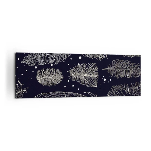 Impression sur toile - Image sur toile - Plumes blanches délicates sur fond bleu marine - 160x50cm - Toile de plumes - Décoration murale moderne pour le salon et la chambre ARTTOR