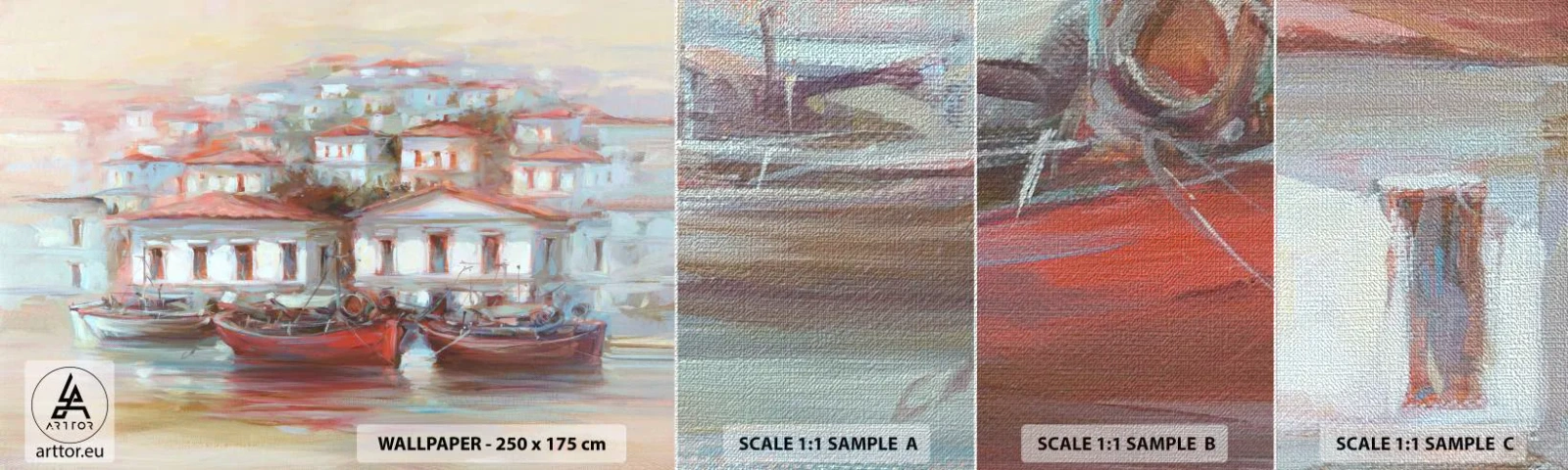 Échantillon de Papier Peint Premium Canvas - Petite ville heureuse - Architecture, Voilier, port - 100x30 cm