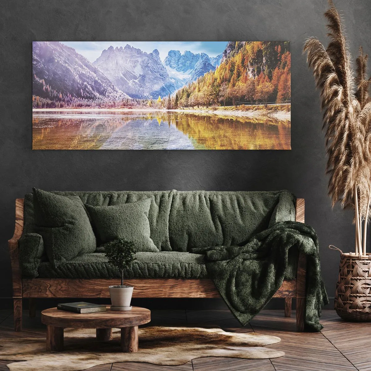 Impression sur toile - Image sur toile - Paysage de montagne d'automne avec un lac - 140x50cm - C'est déjà le printemps à la montagne - Décoration murale moderne pour le salon et la chambre ARTTOR