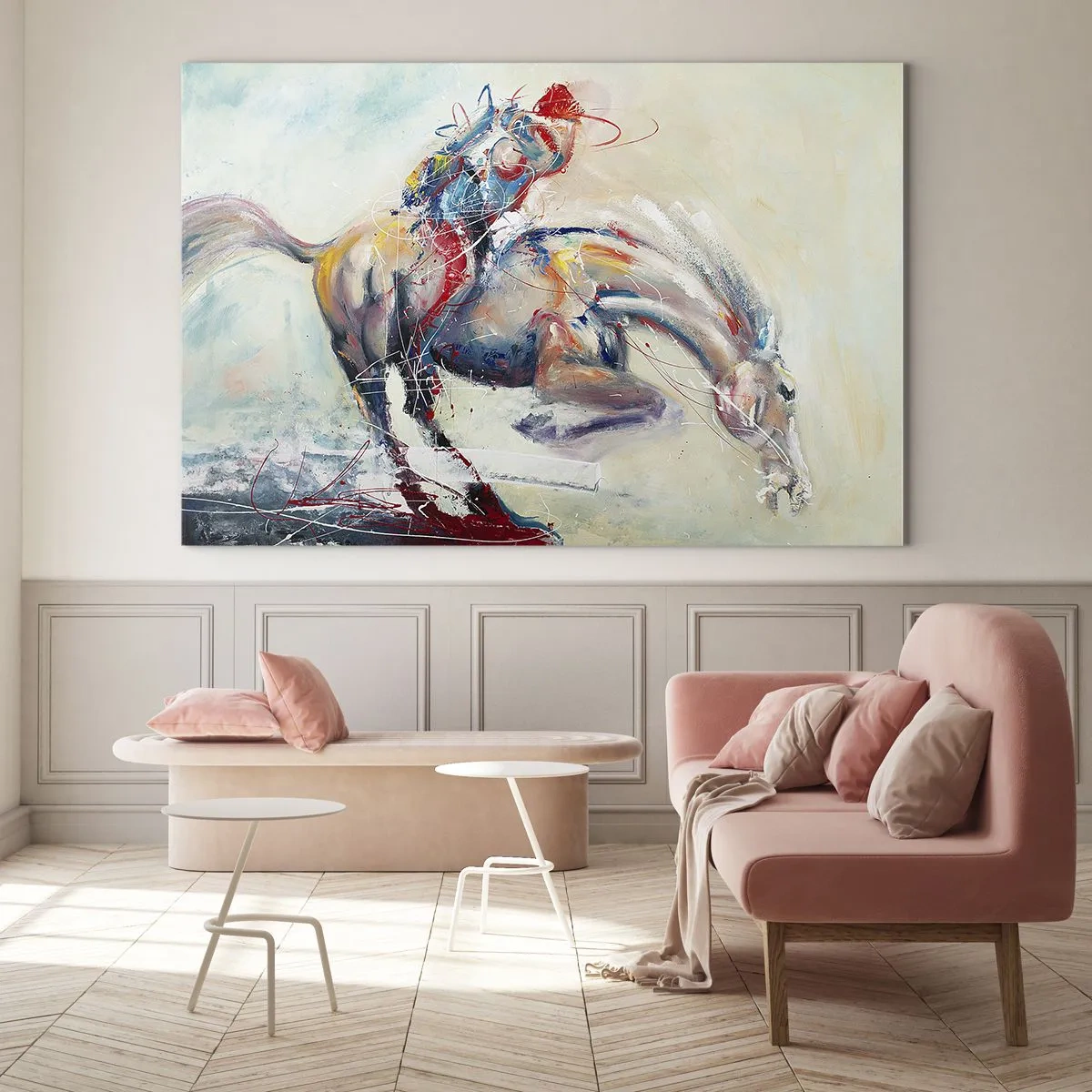 Impression sur verre - Image sur verre - Une image abstraite d'un cheval en mouvement dynamique. - 70x50cm - Accrochez-vous, nous décollons - Décoration murale moderne pour le salon et la chambre ARTTOR