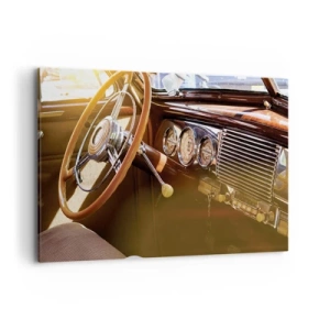 Impression sur toile - Image sur toile - Gros plan de l'intérieur d'une voiture classique avec des détails en bois et en chrome. - 120x80cm - Souffle de luxe venu du passé - Décoration murale moderne pour le salon et la chambre ARTTOR
