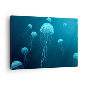 Impression sur toile - Image sur toile - Méduses flottant dans les profondeurs de l'océan dans des tons bleus - 70x50cm - Danse océanique - Décoration murale moderne pour le salon et la chambre ARTTOR