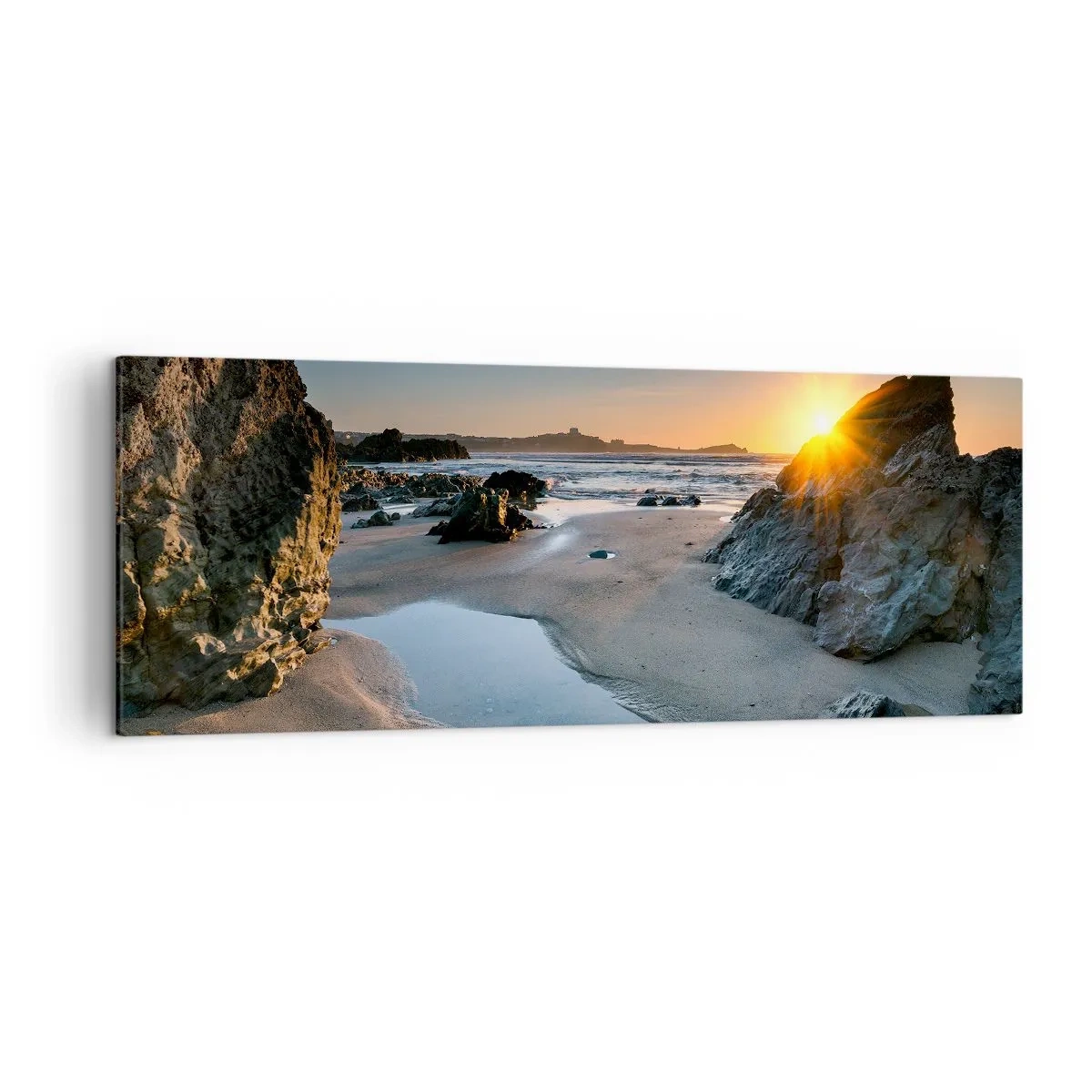 Impression sur toile - Image sur toile - Coucher de soleil pittoresque sur une plage rocheuse - 140x50cm - Intouché par la main de l'homme - Décoration murale moderne pour le salon et la chambre ARTTOR