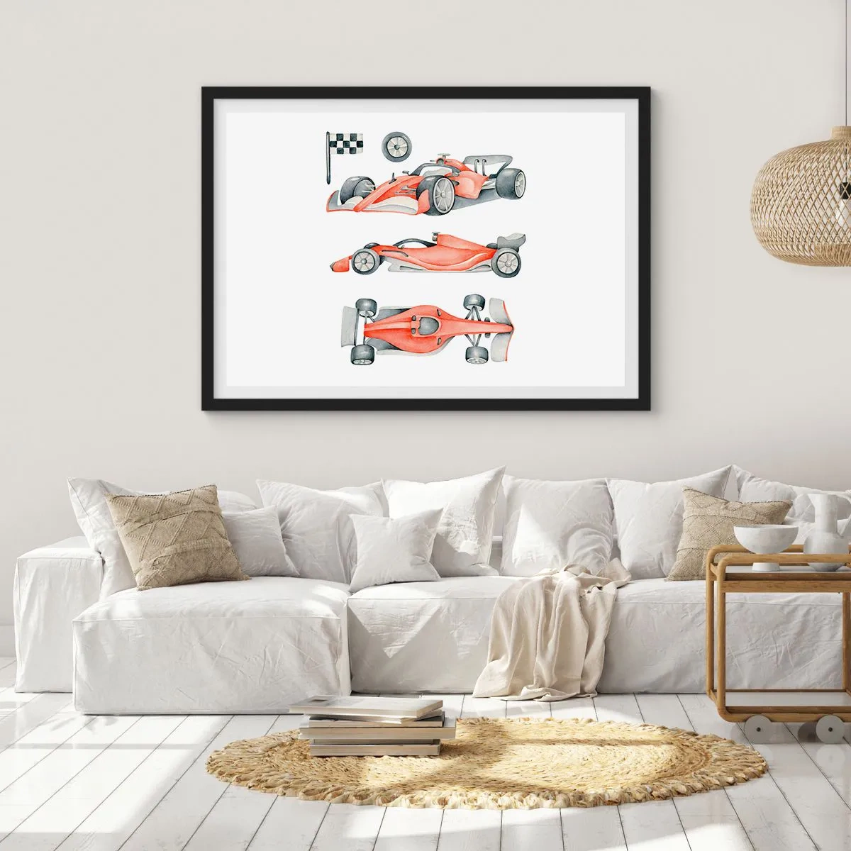 Affiche dans un cadre noir - Poster - Une voiture de course rouge avec un drapeau à damier - 100x70cm - poursuis ton rêve - Décoration murale moderne pour le salon et la chambre ARTTOR