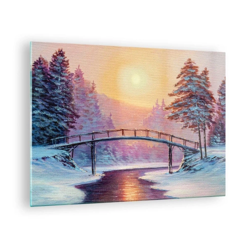 Impression sur verre - Image sur verre - Paysage d'hiver avec un pont sur une rivière au coucher du soleil - 70x50cm - Quatre saisons - hiver - Décoration murale moderne pour le salon et la chambre ARTTOR