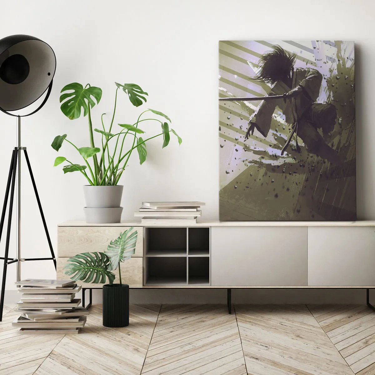 Impression sur toile - Image sur toile - Combat dynamique entre deux personnages dans un style futuriste - 70x100cm - Et tu peux être un samouraï - Décoration murale moderne pour le salon et la chambre ARTTOR