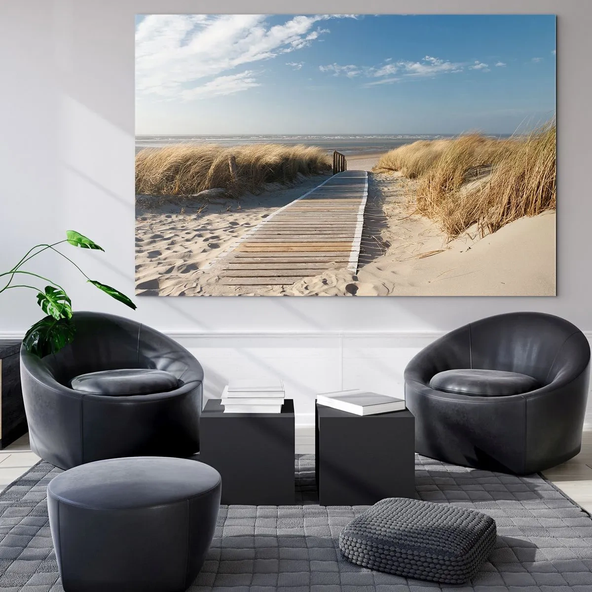 Impression sur verre - Image sur verre - Chemin en bois à travers les dunes menant à la plage - 70x50cm - Derrière la dune, dans le bruissement de l'herbe - Décoration murale moderne pour le salon et la chambre ARTTOR