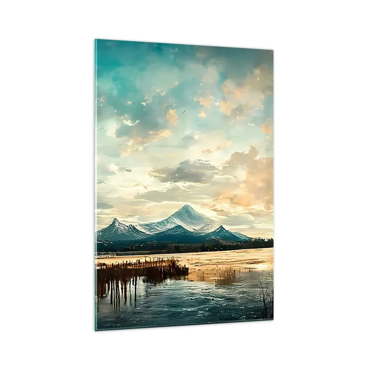 Impression sur verre - Image sur verre - Un paysage pittoresque avec une montagne et un lac calme - 70x100cm - Sous la protection du ciel - Décoration murale moderne pour le salon et la chambre ARTTOR