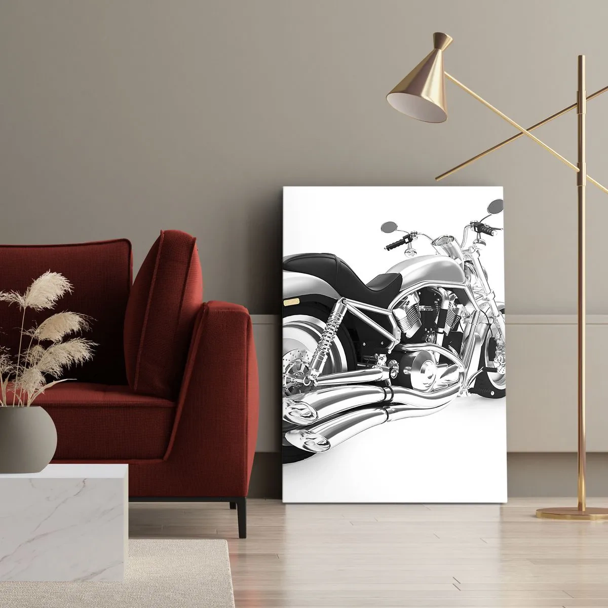Impression sur toile - Image sur toile - Moto chromée sur fond blanc - 50x70cm - Rêve de collectionneur - Décoration murale moderne pour le salon et la chambre ARTTOR