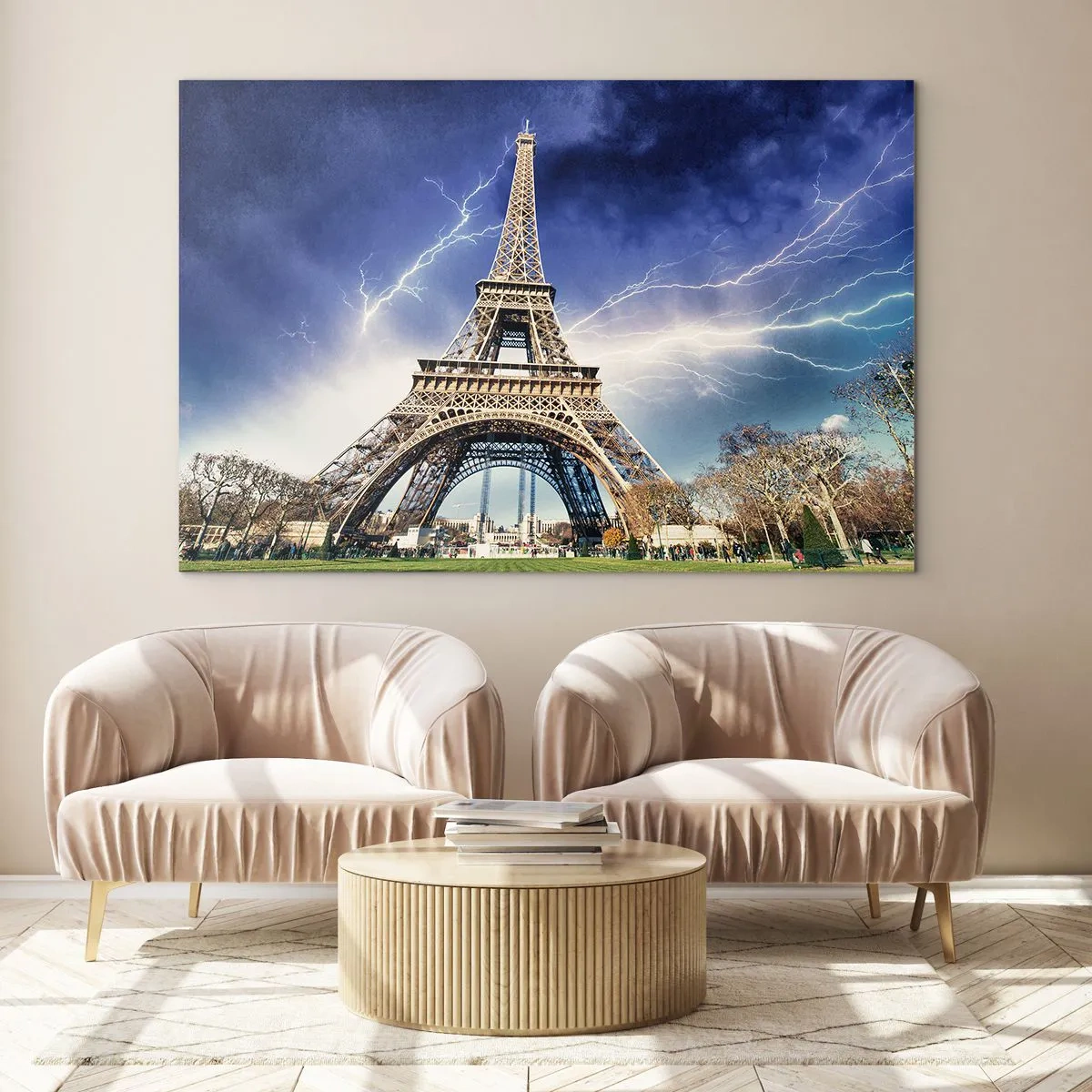 Impression sur verre - Image sur verre - La Tour Eiffel entourée d'éclairs par temps nuageux - 120x80cm - Maître des tempêtes - Décoration murale moderne pour le salon et la chambre ARTTOR