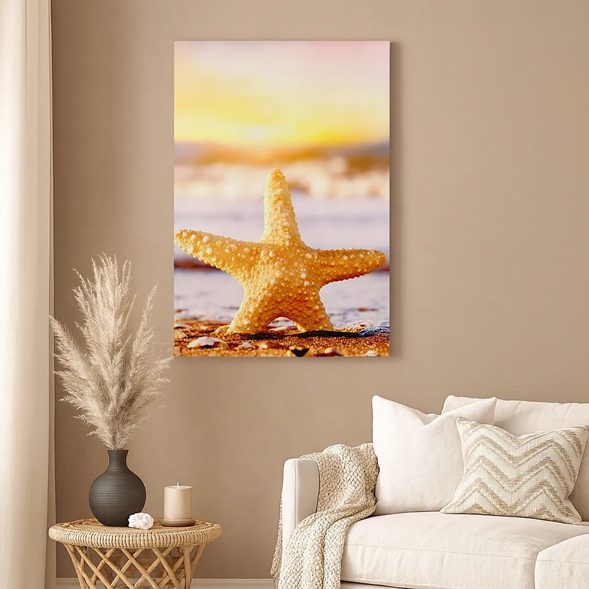 Impression sur toile - Image sur toile - Une étoile de mer sur une plage de sable à la lueur du soleil couchant - 50x70cm - Cadeau de la mer - Décoration murale moderne pour le salon et la chambre ARTTOR