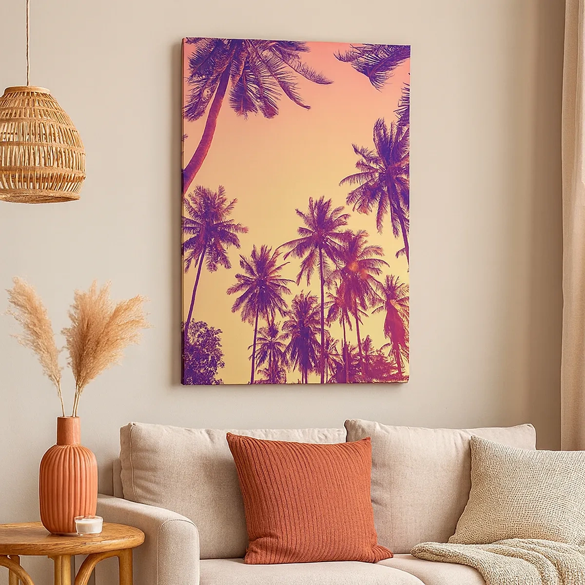 Impression sur toile - Image sur toile - Palmiers contre le ciel aux couleurs chaudes du coucher de soleil - 50x70cm - Variation tropicale - Décoration murale moderne pour le salon et la chambre ARTTOR