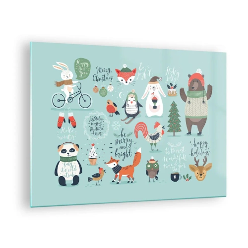 Impression sur verre - Image sur verre - Illustrations d'animaux de Noël sur fond pastel - 70x50cm - Que ce soit toujours Noël ! - Décoration murale moderne pour le salon et la chambre ARTTOR