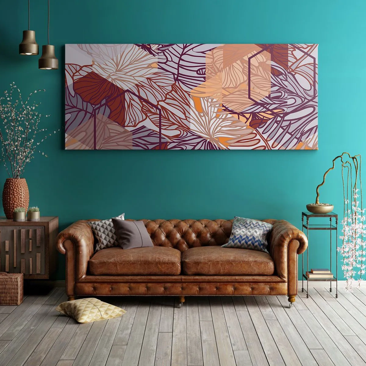 Impression sur toile - Image sur toile - Un motif décoratif de feuilles tropicales dans des tons de violet, d'orange et de beige. - 140x50cm - Relation impossible entre la géométrie et la nature - Décoration murale moderne pour le salon et la chambre ARTT