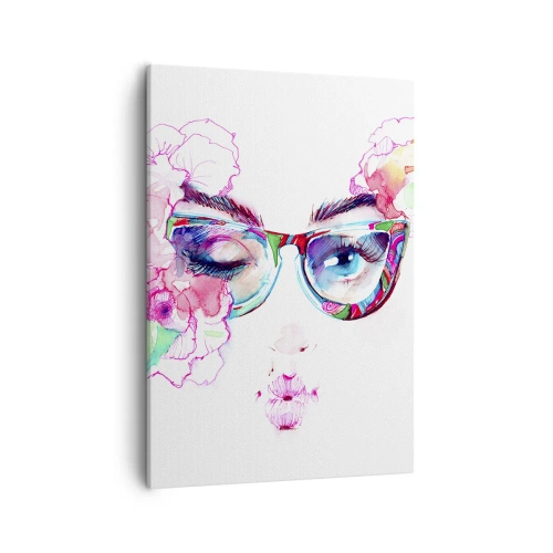 Impression sur toile - Image sur toile - Visage aquarelle avec des lunettes colorées et des fleurs - 50x70cm - Une promesse tentante - Décoration murale moderne pour le salon et la chambre ARTTOR