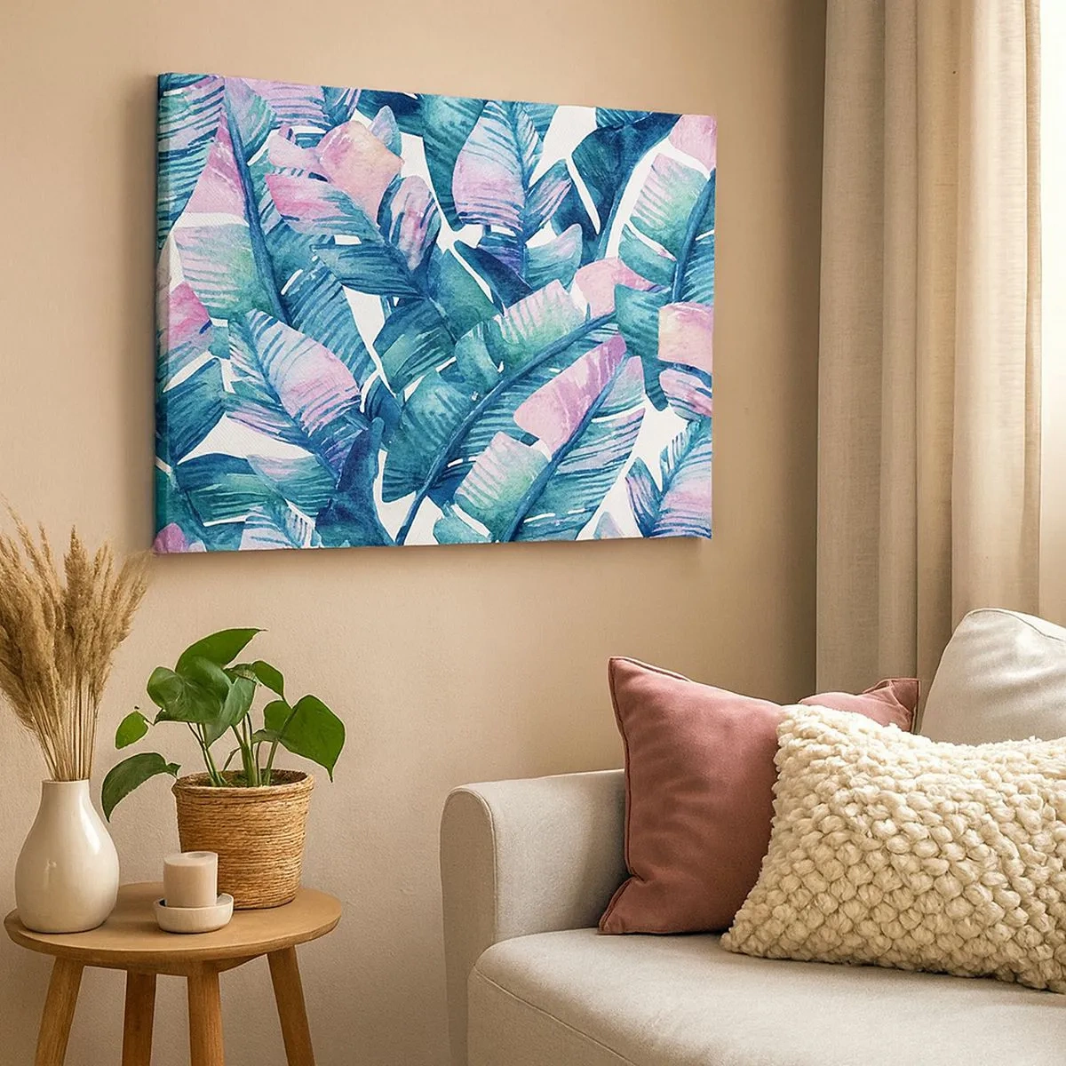 Impression sur toile - Image sur toile - Feuilles de bananier dans les tons bleu et rose - 70x50cm - Dans une bananeraie - Décoration murale moderne pour le salon et la chambre ARTTOR