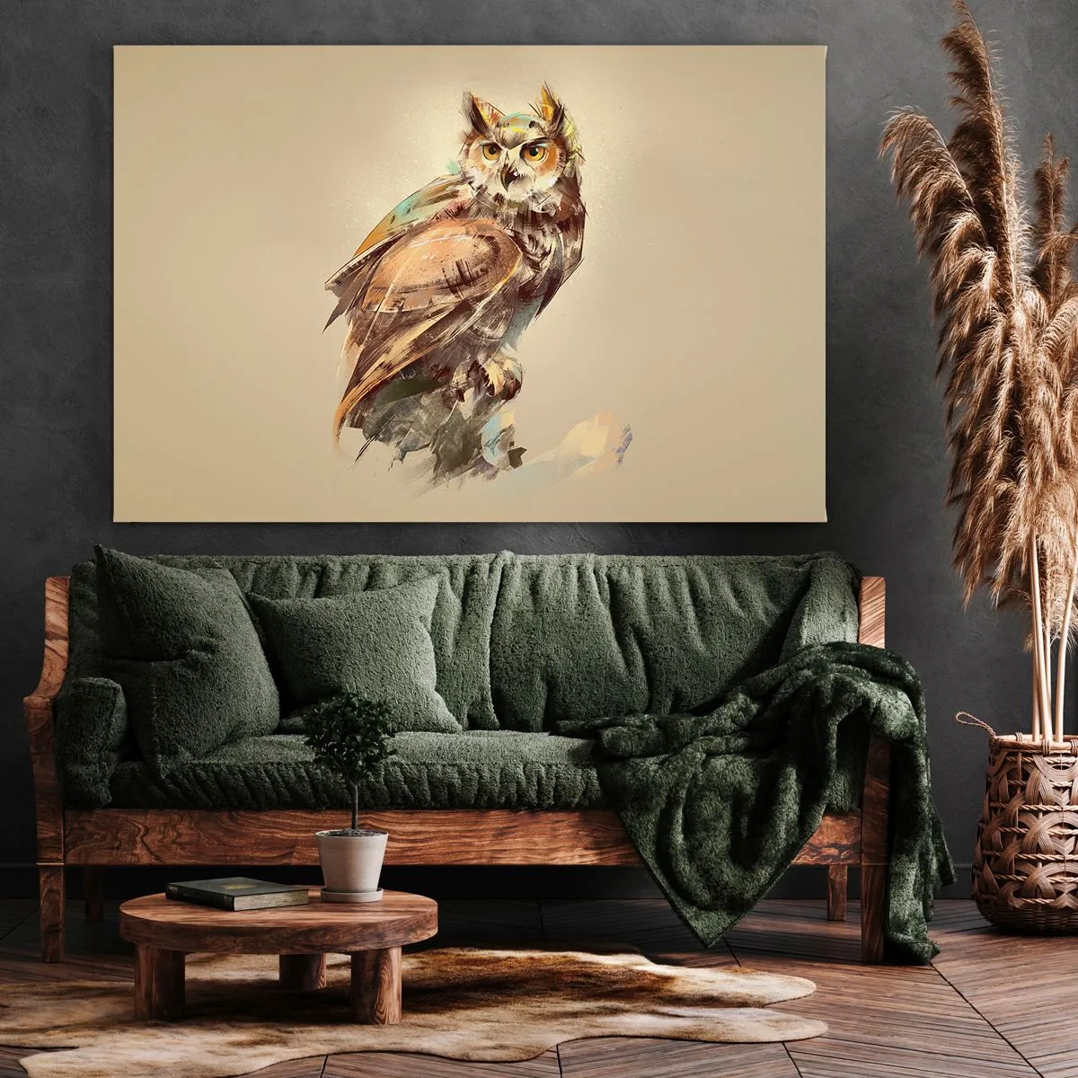 Impression sur toile - Image sur toile - Portrait artistique d'un hibou sur un fond clair dans des tons chauds. - 70x50cm - Le hibou le plus intelligent - confirmera la forêt de chênes - Décoration murale moderne pour le salon et la chambre ARTTOR
