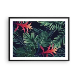 Affiche dans un cadre noir - Poster - Feuilles et fleurs tropicales sur fond sombre - 70x50cm - immergé dans la nature - Décoration murale moderne pour le salon et la chambre ARTTOR