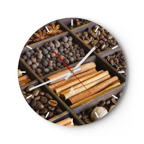 Horloge murale - Pendule murale - Cloison en bois avec diverses épices et café - 30x30cm - Trésor d'arômes - Décoration murale moderne pour le salon, la cuisine et la chambre ARTTOR