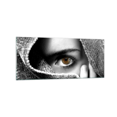 Impression sur verre - Image sur verre - Portrait d'une femme à l'oeil ambré recouvert d'un tissu aux tons gris. - 120x50cm - Apprenez le secret - Décoration murale moderne pour le salon et la chambre ARTTOR