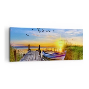 Impression sur toile - Image sur toile - Un bateau sur une jetée en bois au coucher du soleil - 120x50cm - Au revoir, à demain - Décoration murale moderne pour le salon et la chambre ARTTOR