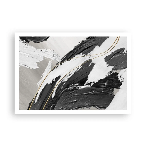Affiche - Poster - Coups de pinceau noirs et blancs avec une subtile touche dorée - 100x70cm - L'abstraction à grande échelle - Décoration murale moderne pour le salon et la chambre ARTTOR