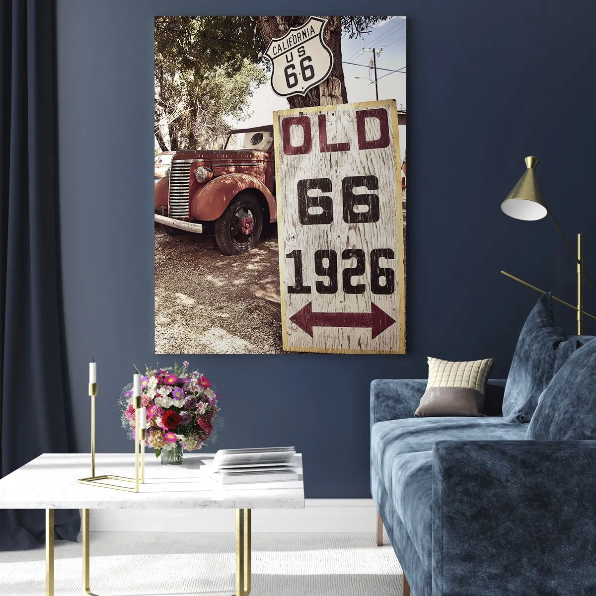 Impression sur verre - Image sur verre - Voiture rétro et panneau Route 66 dans un cadre rustique - 70x100cm - La légende de la province américaine - Décoration murale moderne pour le salon et la chambre ARTTOR